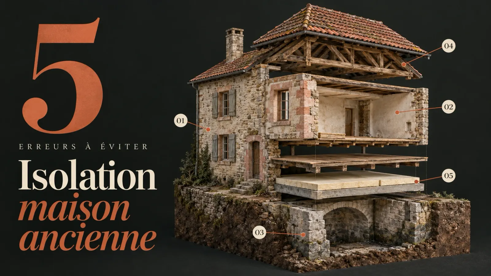 Maquette en coupe d'une maison ancienne en pierre avec 5 repères : façade, mur intérieur, soubassement humide, charpente et dalle sur terre-plein — erreurs d'isolation à éviter