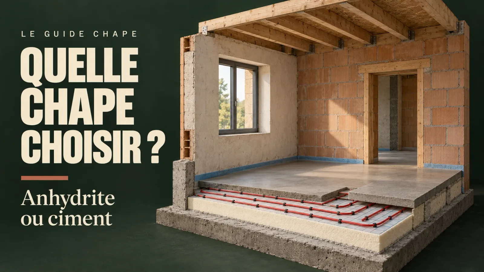 Coupe d'une pièce en construction montrant les couches du sol : dalle béton, isolant, tubes de plancher chauffant et chape fluide — quelle chape choisir, anhydrite ou ciment