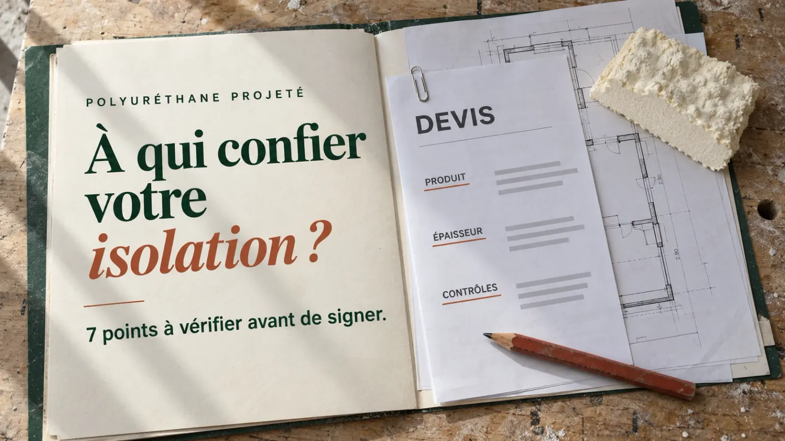 Dossier ouvert sur un établi avec un devis d'isolation (produit, épaisseur, contrôles), un plan de maison, un crayon et un échantillon de mousse polyuréthane — 7 points à vérifier avant de signer
