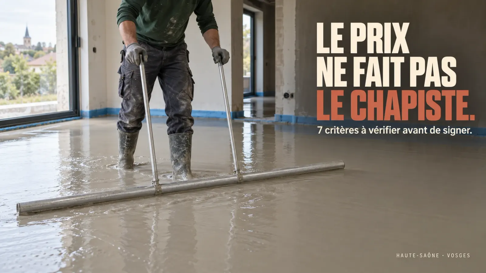 Chapiste en bottes passant la barre de débullage dans une chape fluide fraîchement coulée, maison en construction — 7 critères pour choisir son chapiste