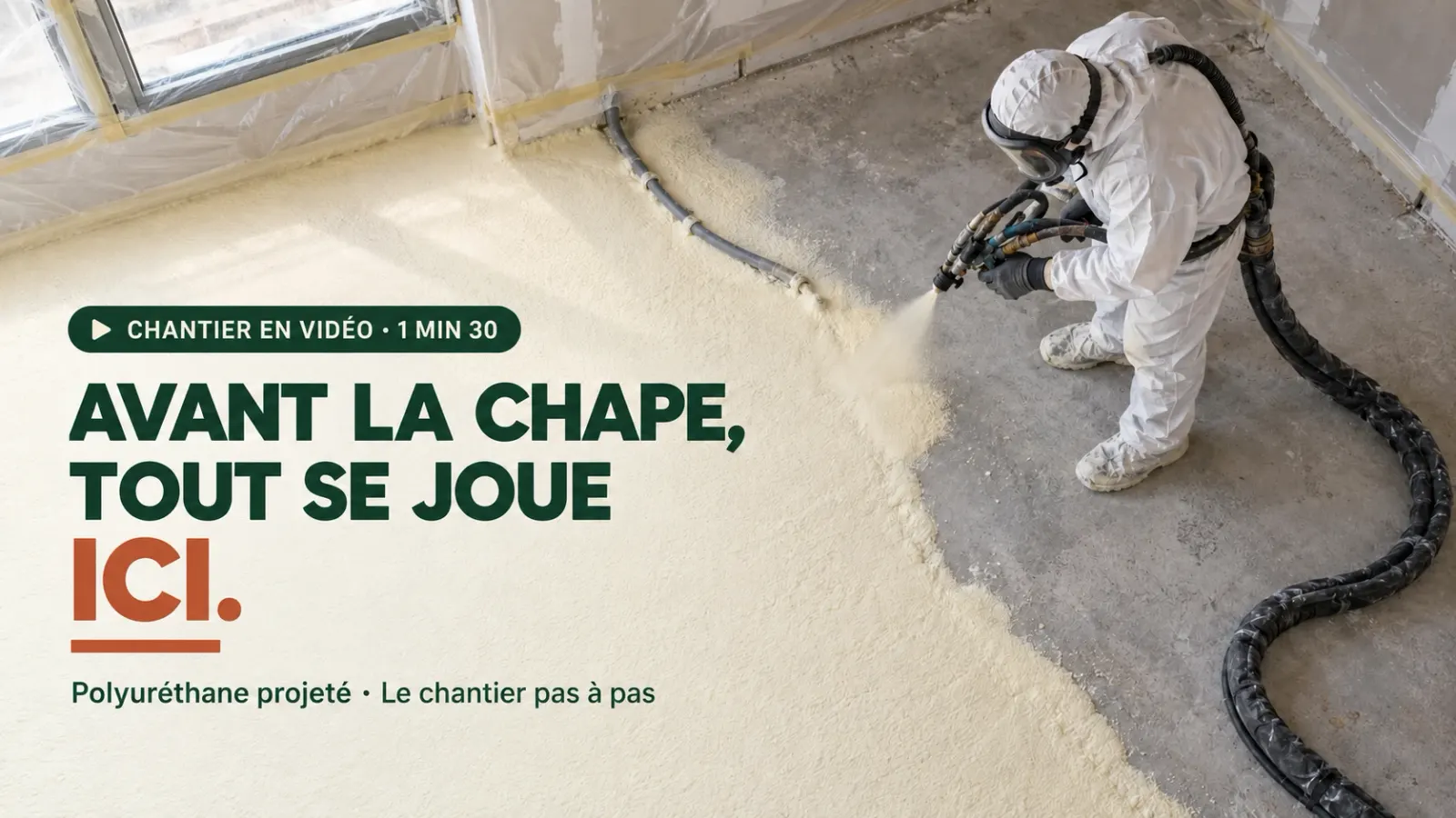 Applicateur en combinaison de protection projetant de la mousse polyuréthane sur une dalle béton, autour des gaines, avant le coulage de la chape fluide — chantier en vidéo de 1 min 30