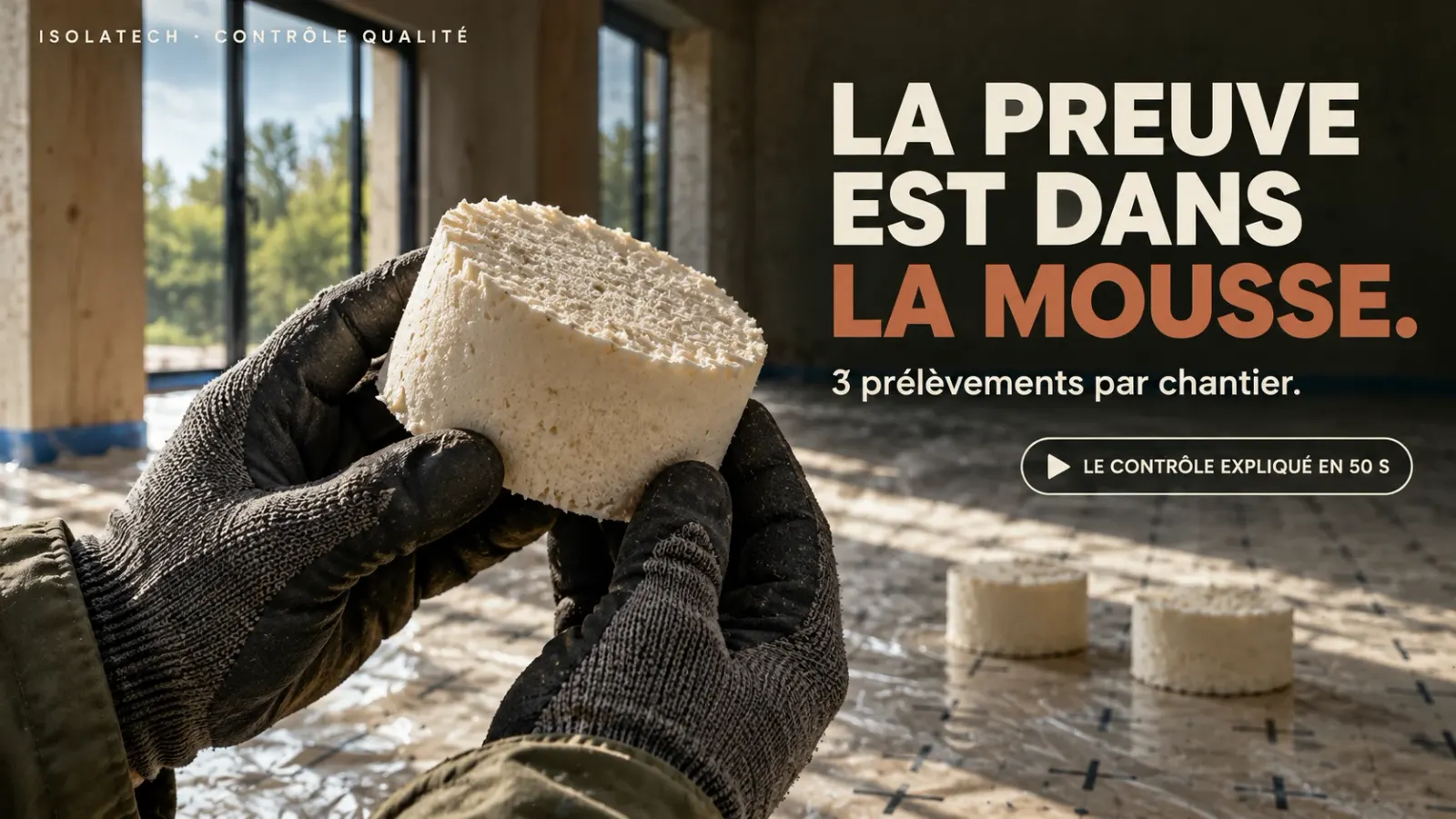Mains gantées tenant un échantillon cylindrique de mousse polyuréthane prélevé sur chantier, deux autres prélèvements posés sur la dalle — contrôle de densité, 3 prélèvements par chantier